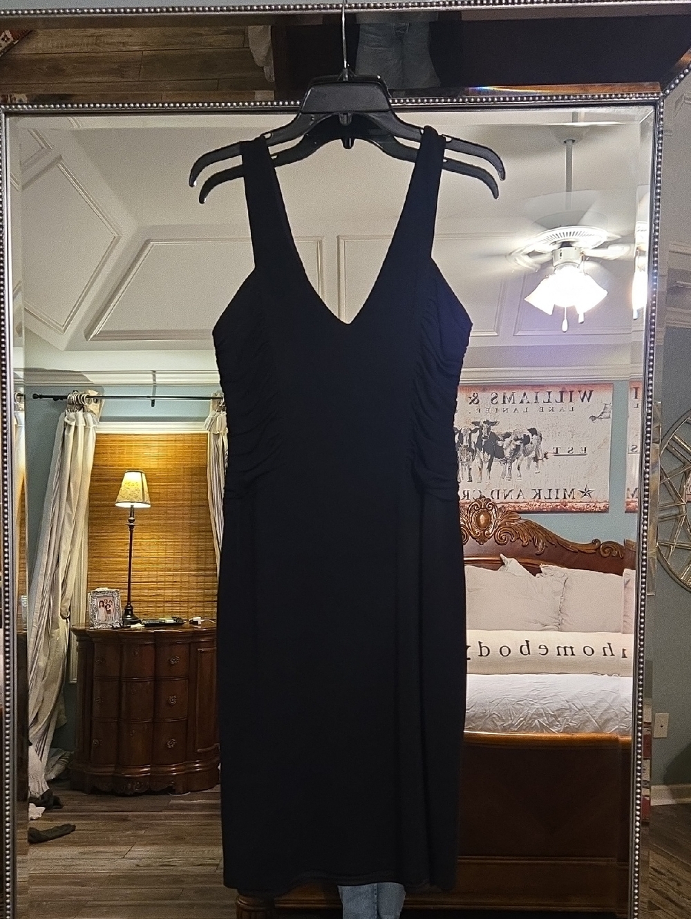 David Meister Black V-Neck Ruched Midi Dress